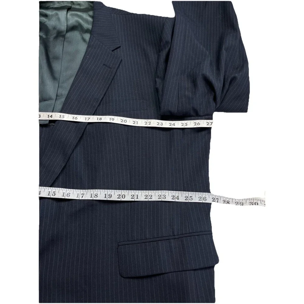 Vintage CARTIER 2pc Men Suit Navy Blue 100% Wool Pinstriped 52L 48x34